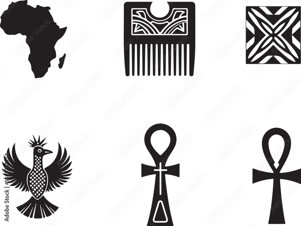 Fototapeta premium African heritage symbols map comb ankh bird cultural icons