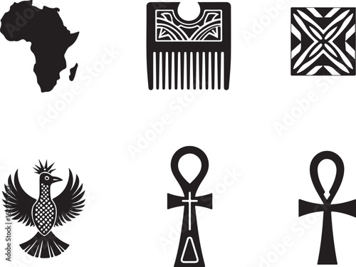African heritage symbols map comb ankh bird cultural icons
