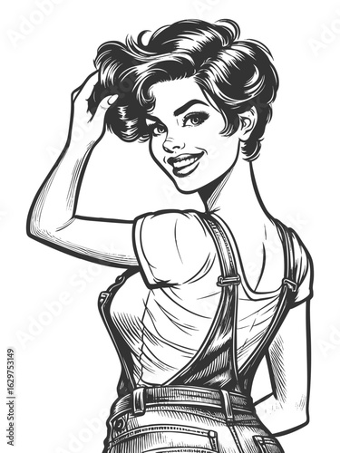 pin-up girl in short denim overalls, striking playful pose sketch engraving generative ai fictional character vector illustration. Scratch board imitation. Black and white image.