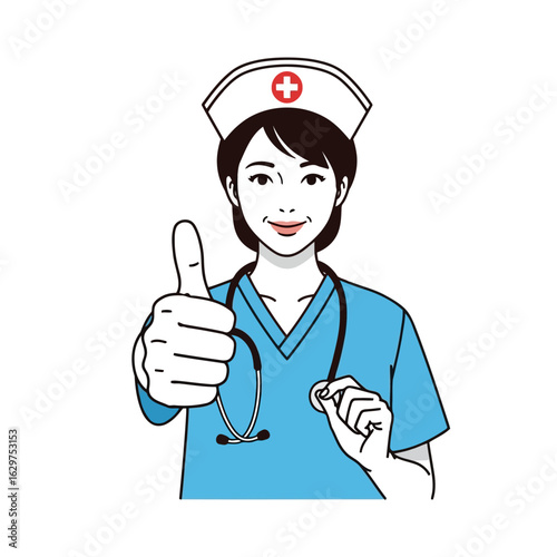 Vector art of a smiling nurse giving a thumbs up, isolated on white background