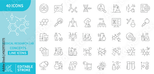 Medical research lab line icons molecule flask microscope test tube science editable stroke outline style