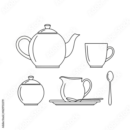 Vector art of tea set with teapot, cup, sugar bowl, creamer, saucer, and spoon isolated on white background