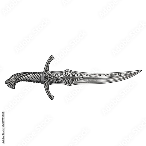 Vector art of ornate dagger with an intricately engraved blade and hilt, isolated on a white background