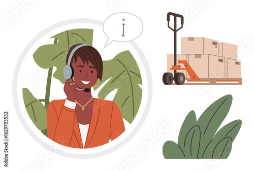 Customer service representative wearing a headset assisting clients. Hand truck with stacked boxes, tropical leaves in the background. Ideal for support, logistics, business, e-commerce, delivery