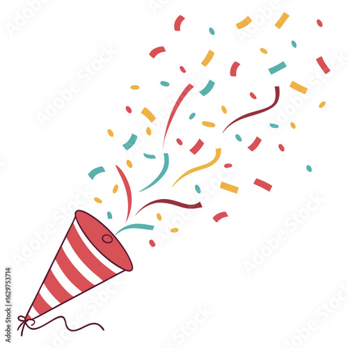 A festive red and white striped party popper explodes with colorful confetti and streamers against a white background