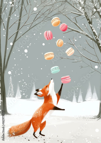 fox juggles macaroons against winter forest backdrop
