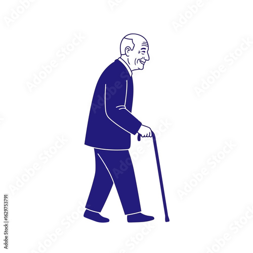 Vector art of elderly man walking with a cane, dressed in a suit, isolated on white background