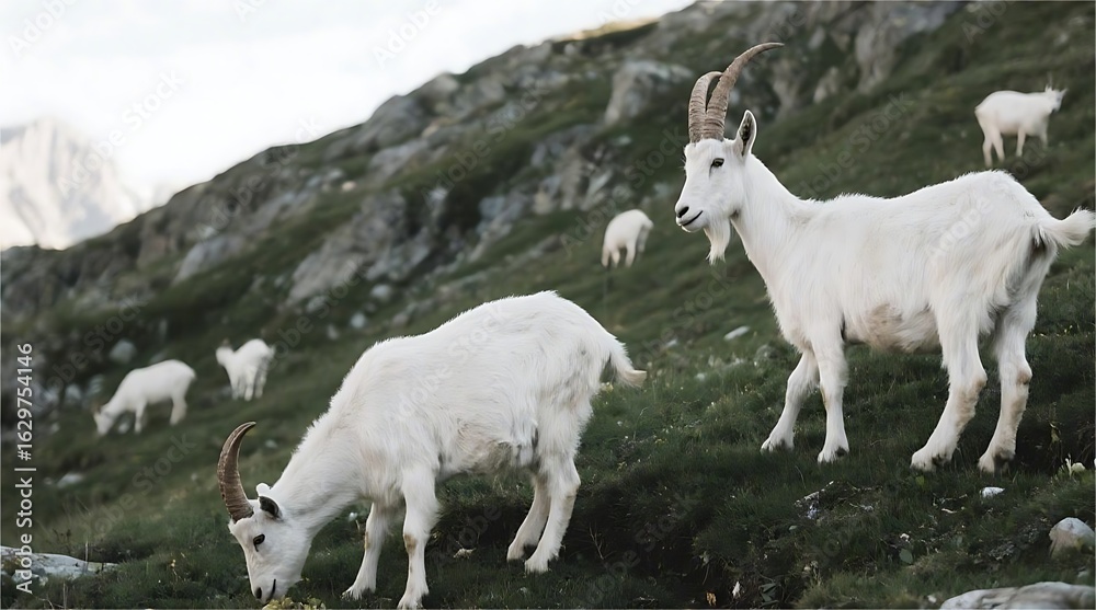 Obraz premium White Mountain Goats Grazing on Rocky Hillside – Alpine Wildlife Scene