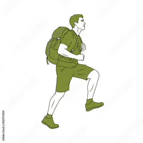 Vector art of man with backpack hiking up a path, isolated on white background