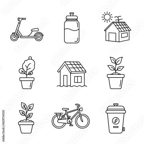 Vector art of collection of ecofriendly icons including a scooter, bicycle, plants, house, and water bottle isolated on white background