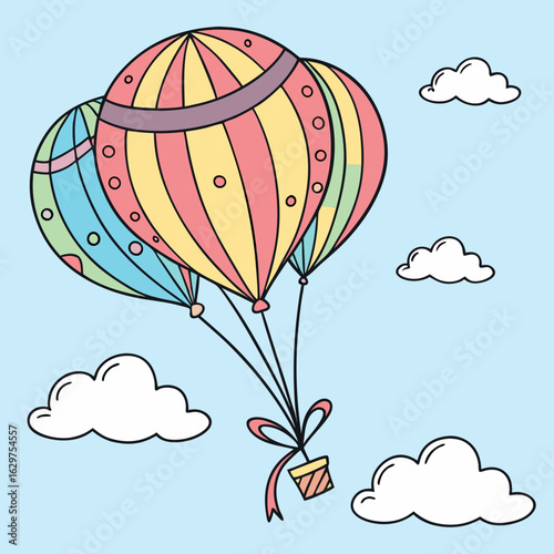 Colorful hot air balloons carrying a gift basket float through a clear blue sky with fluffy white clouds