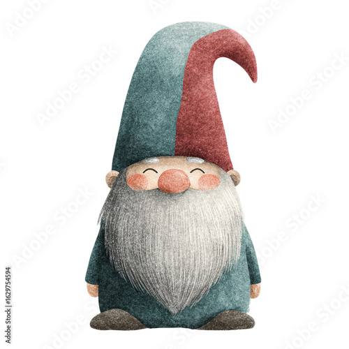 Watercolor Scandinavian Christmas Gnome with Red Hat and Teal Coat on Transparent Background  
