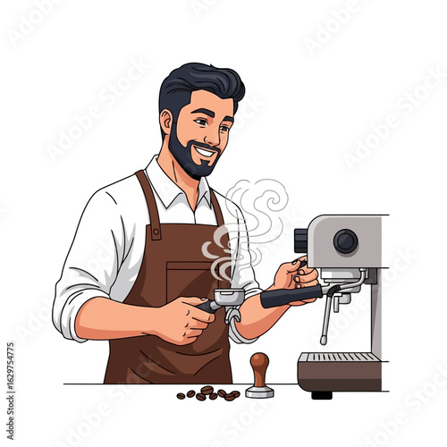 Vector art of barista making espresso with a coffee machine, isolated on white background