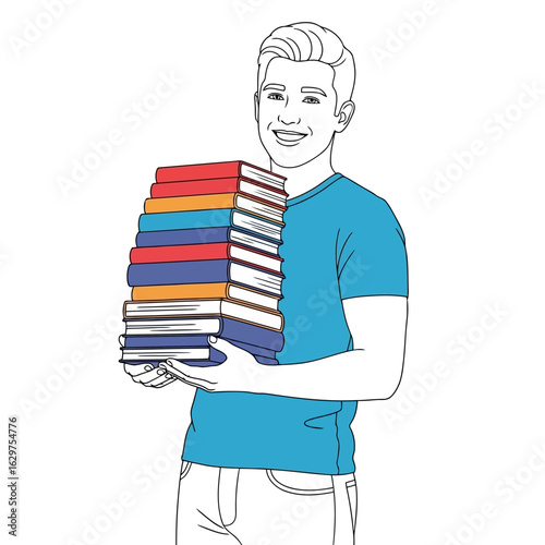 Vector art of happy student holding a large stack of colorful books, isolated on white background