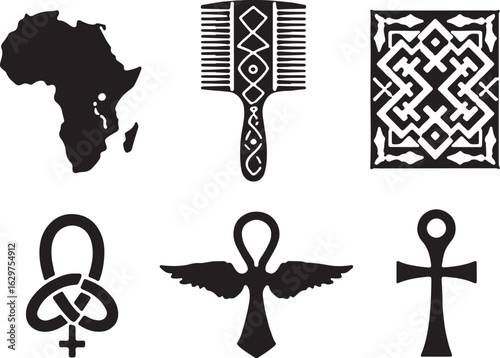 Africa map, comb, pattern, symbols of life and culture
