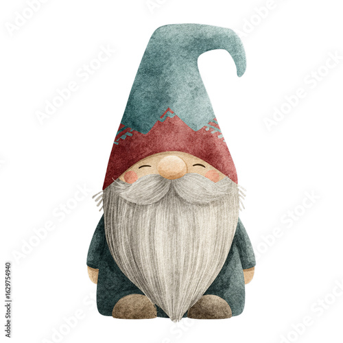 Watercolor Scandinavian Christmas Gnome with Red Hat and Teal Coat on Transparent Background  
