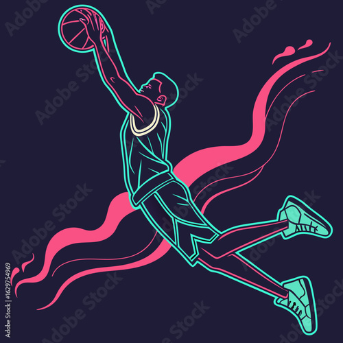 Dynamic basketball player silhouette leaping for a slam dunk with neon accents