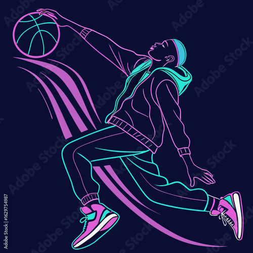 Dynamic illustration of a basketball player in mid air performing a slam dunk with neon outlines