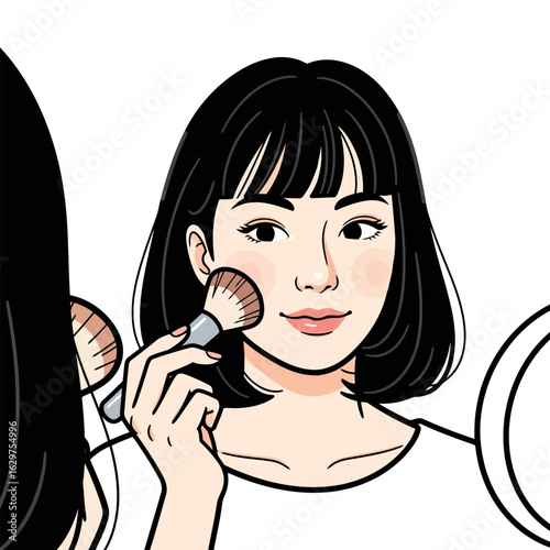 Vector art of woman applying makeup with a brush in front of a mirror, isolated on white background