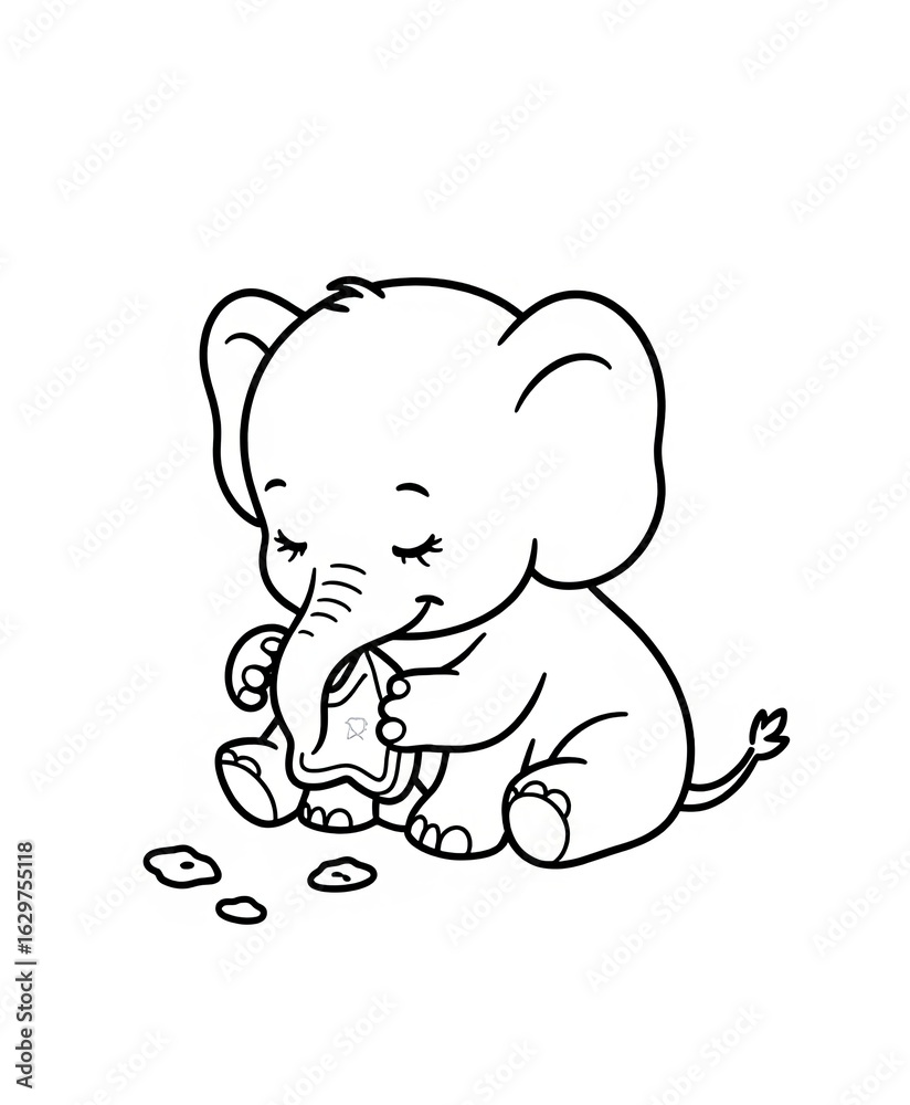 Obraz premium Cute baby elephant happily enjoying a snack while sitting with closed eyes and a playful demeanor, perfect for children's art and educational materials