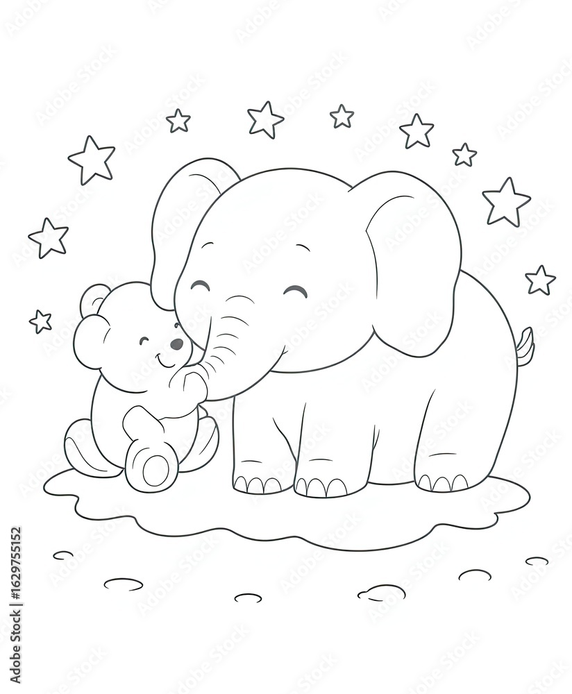 Obraz premium Cute elephant and bear enjoying a playful moment in a whimsical scene with stars and a puddle, ideal for children's coloring books and educational materials.