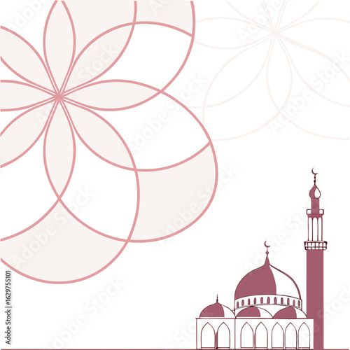 Elegant islamic mosque silhouette with geometric floral pattern and crescent moon