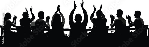 Silhouette of people clapping at a meeting or conference with hands raised in appreciation and celebration