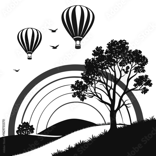 Hot air balloons soar over a rainbow and silhouetted landscape