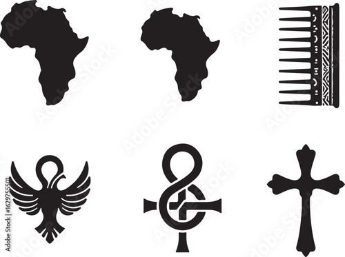 Africa, comb, eagle, ankh, cross icons symbolize heritage and faith