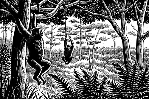 Kakamega Forest in Kenya filled with rare primates and ferns, black and white line art illustration