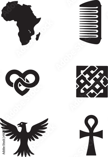 African heritage symbols; eagle, comb, ankh, knot, map