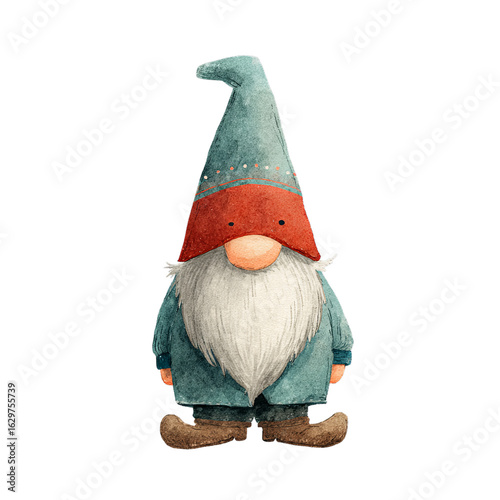 Watercolor Scandinavian Christmas Gnome with Red Hat and Teal Coat on Transparent Background  
