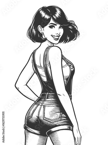 pin-up girl in short denim overalls, striking playful pose sketch engraving generative ai fictional character vector illustration. Scratch board imitation. Black and white image.