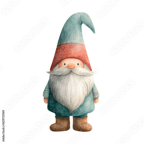 Watercolor Scandinavian Christmas Gnome with Red Hat and Teal Coat on Transparent Background  
