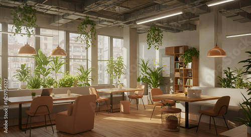 Modern open-plan workspace with abundant greenery and light-brown furniture. A collaborative environment with ample natural light and comfy seating.