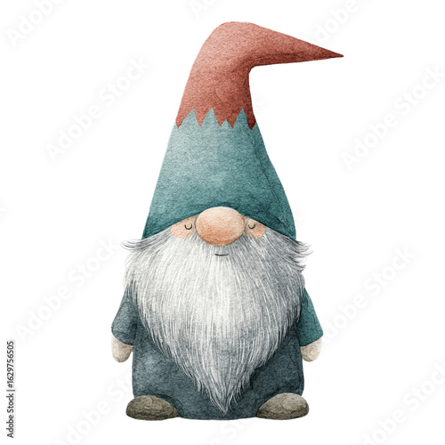 Watercolor Scandinavian Christmas Gnome with Red Hat and Teal Coat on Transparent Background  
