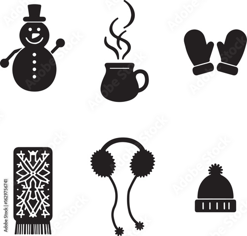 Cozy winter icons warm snowman hot drink mittens scarf earmuffs beanie