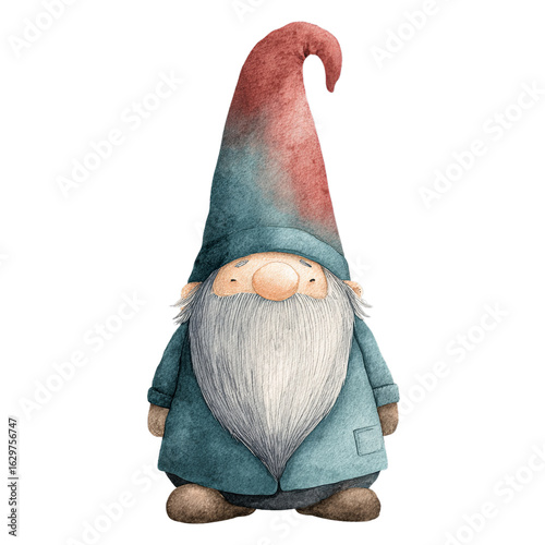 Watercolor Scandinavian Christmas Gnome with Red Hat and Teal Coat on Transparent Background  
