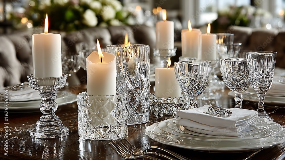 Stylish dining table with elegant candles and crystal glasses arranged neatly, ideal for intimate gatherings or formal dining, with blank back wall space perfect for graphic or text overlay. Stylish dining table with elegant candles and crystal glasses arranged neatly, ideal for intimate gatherings or formal dining, with blank back wall space perfect for graphic or text overlay.