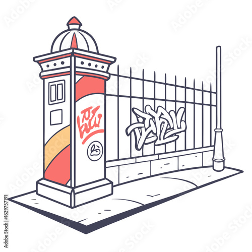 Urban street scene featuring a decorative pillar ornate metal fence with graffiti and a lamppost on a sidewalk