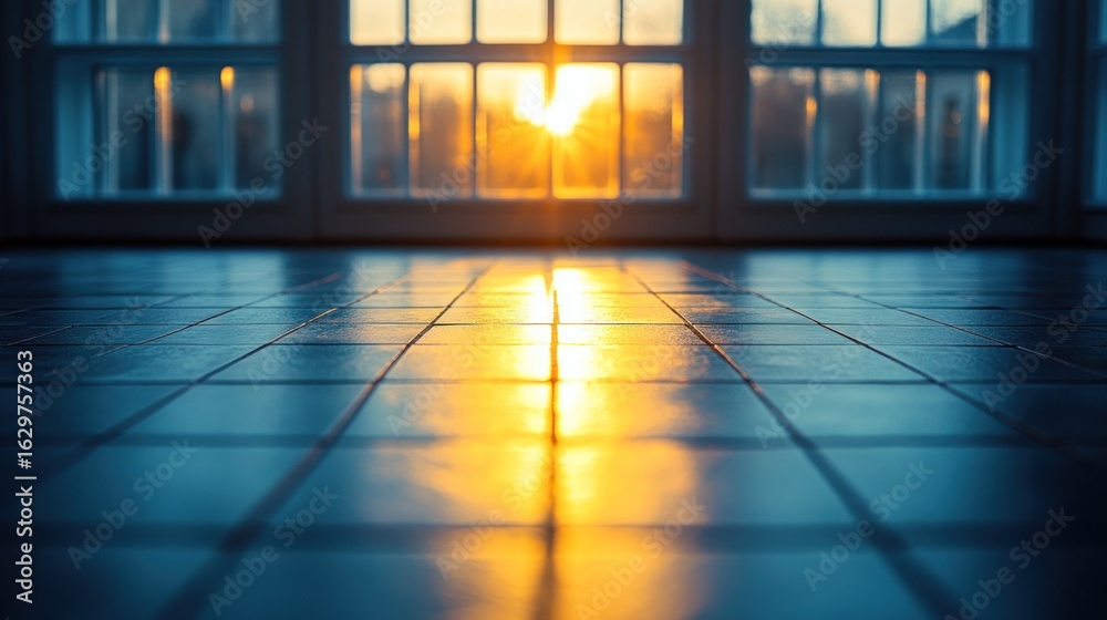 Fototapeta premium Sunset view through large windows, reflecting on tiled floor