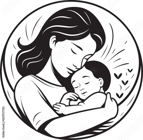 Mother’s Love in a Vector Silhouette Nurturing Hug Mother with Baby