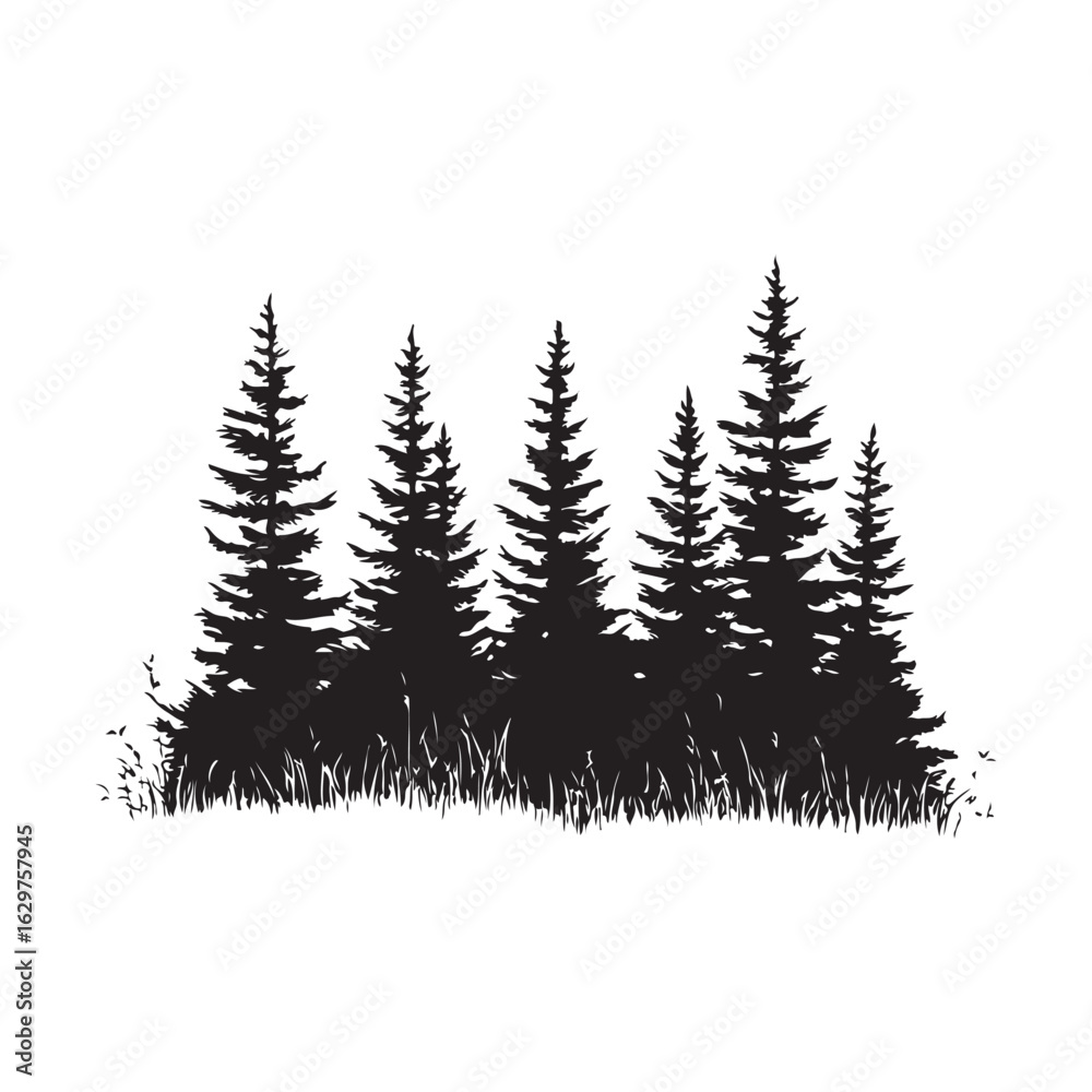 Obraz premium Silhouette of a pine forest silhouette, Pine Forest Silhouette Vector Illustrations, pine tree forest silhouette vector illustration, black silhouette forest tree lines and natural landscape elements