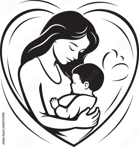Warm Hug Mother’s Embrace in Black Black Outline Mother with Baby