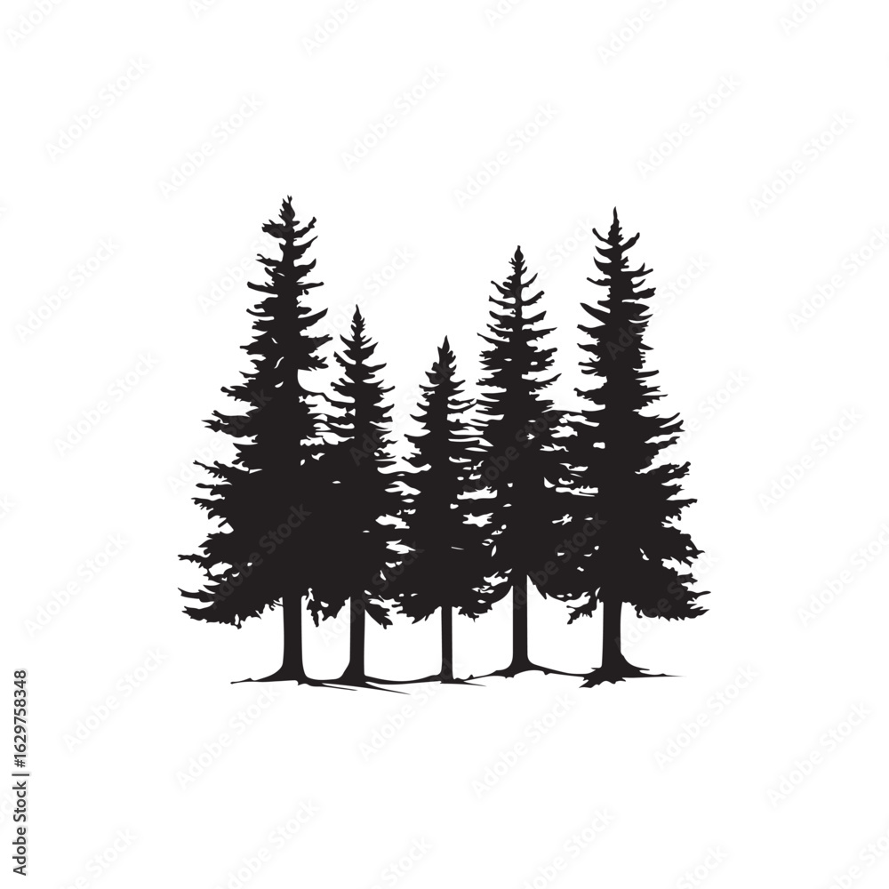 Fototapeta premium Silhouette of a pine forest silhouette, Pine Forest Silhouette Vector Illustrations, pine tree forest silhouette vector illustration, black silhouette forest tree lines and natural landscape elements