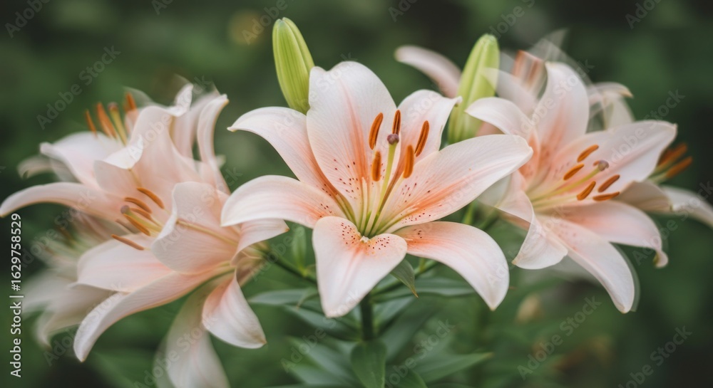 Delicate peach lilies in garden