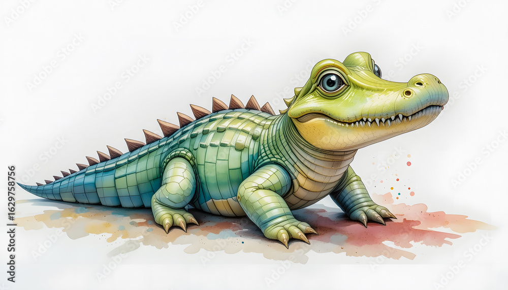 Fototapeta premium A colorful watercolor illustration of a cute baby alligator, painted in pastel hues, sits against a clean white background with subtle splashes of color.