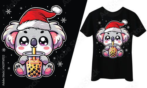 Christmas Koala Santa Wearing Hat Drinking Boba Tea, T-Shirt Design.
