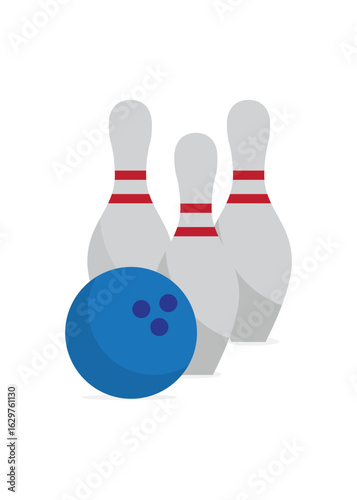 Bowling pins and bal. Rhree bowling pins and red ball stock illustration