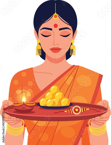 Raksha bandhan celebration woman holding puja thali vector art